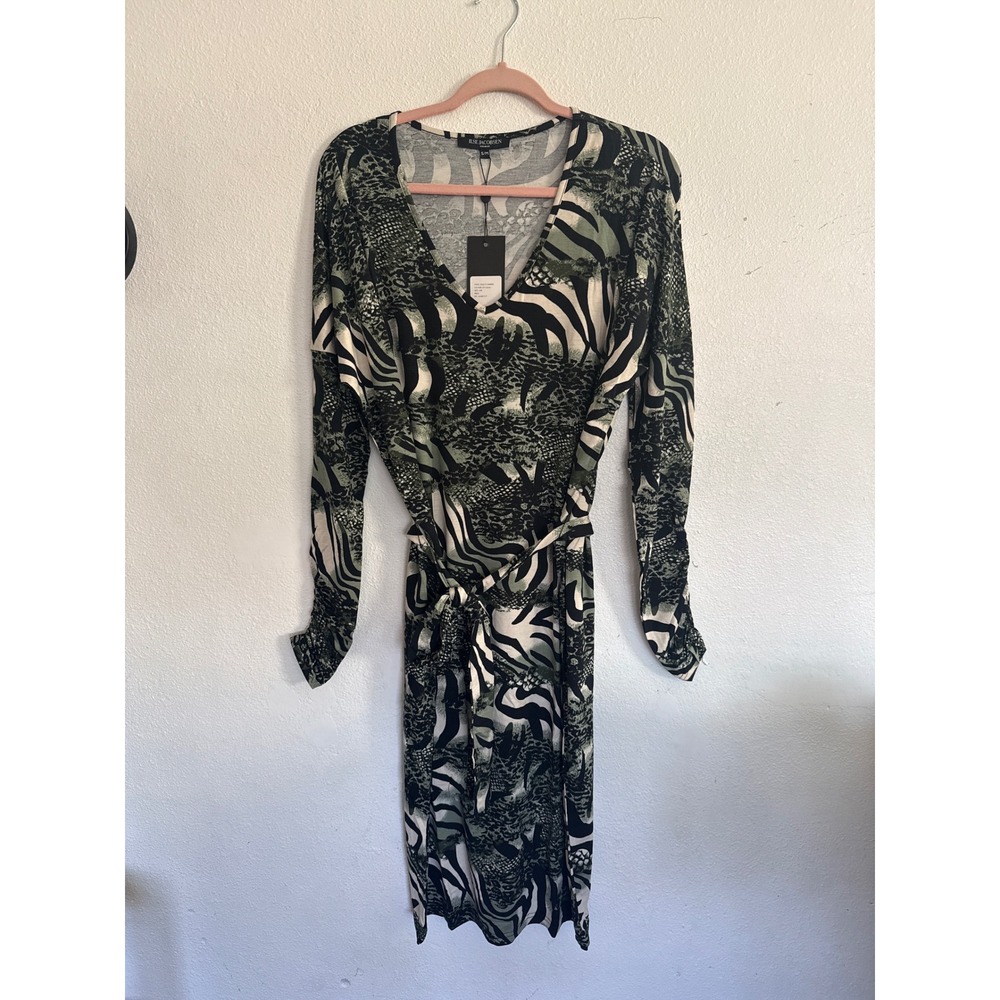 Ilse Jacobsen Green Mixed Animal Print V-Neck Long Sleeve Midi Dress S/M
